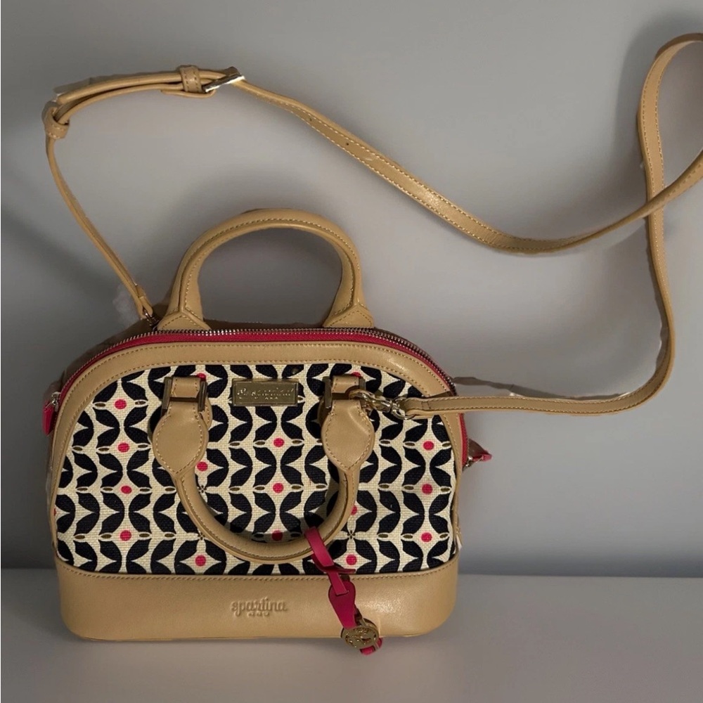 Spartina 449 Tan Pink Navy Patterned Women's Bag canvas leather bowling style